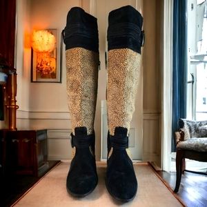 BORN Crown Knee High Boots 3" Heel Zip Brown Animal Print Womens Size 8.5 ~ Rare